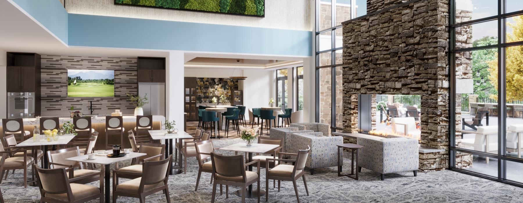 large dining hall with fireplace