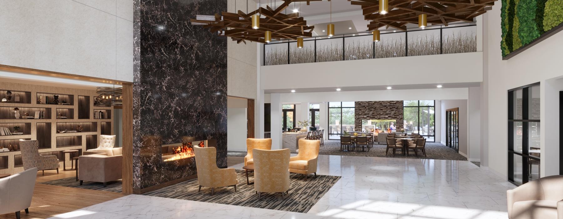 clubroom with a fireplace and chairs